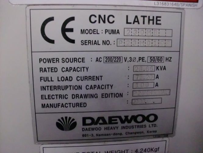 CNC LATHE DAEWOO PUMA 230 MB